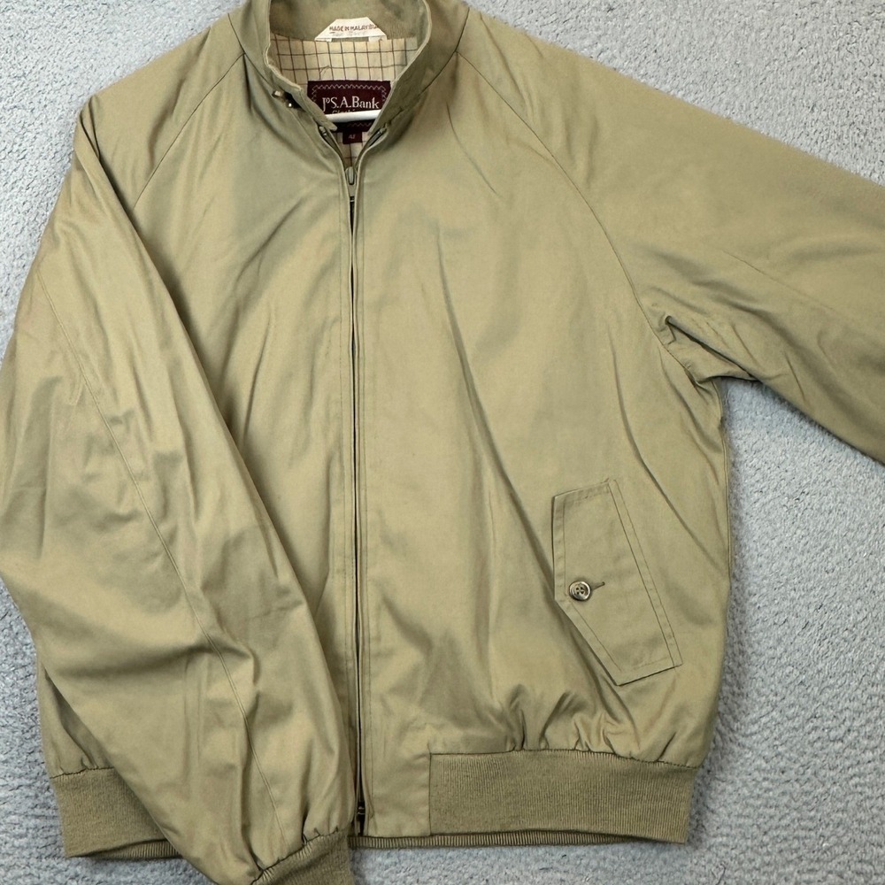 Jos. A. Bank Jacket Mens 42 Harrington Tan Plaid Lined Full Zip Windbreaker Golf